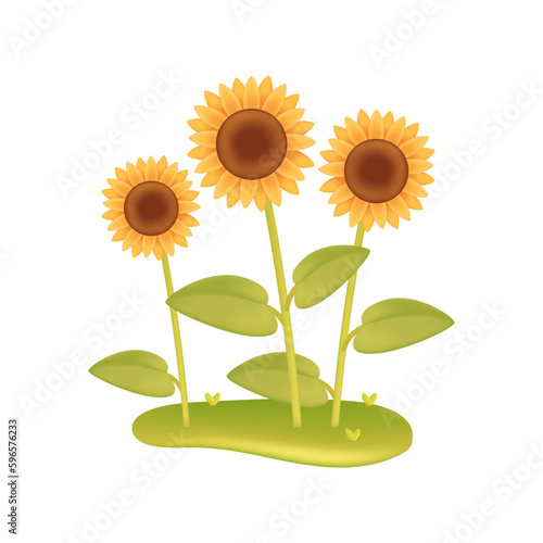 Sunflowers in garden 3d vector illustration. Outdoor garden plants on green grass in cartoon style isolated on white background. Nature, plant, gardening concept