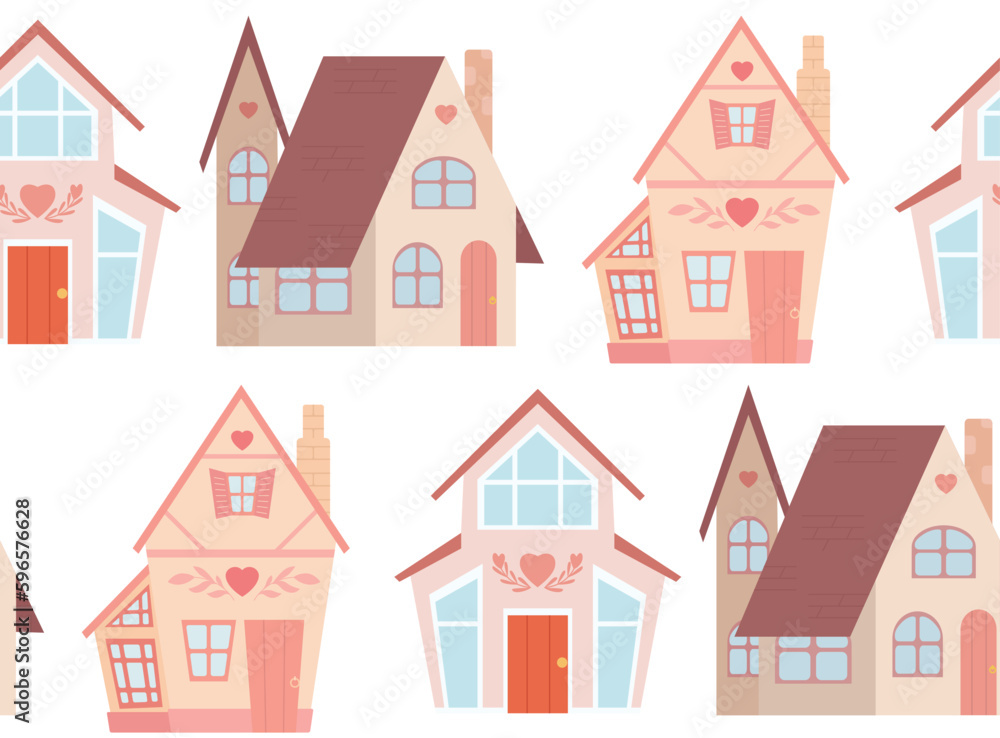 Fototapeta premium Vector seamless pattern with a cute country houses on white background. Texture with street with apartment with cute decorations front view