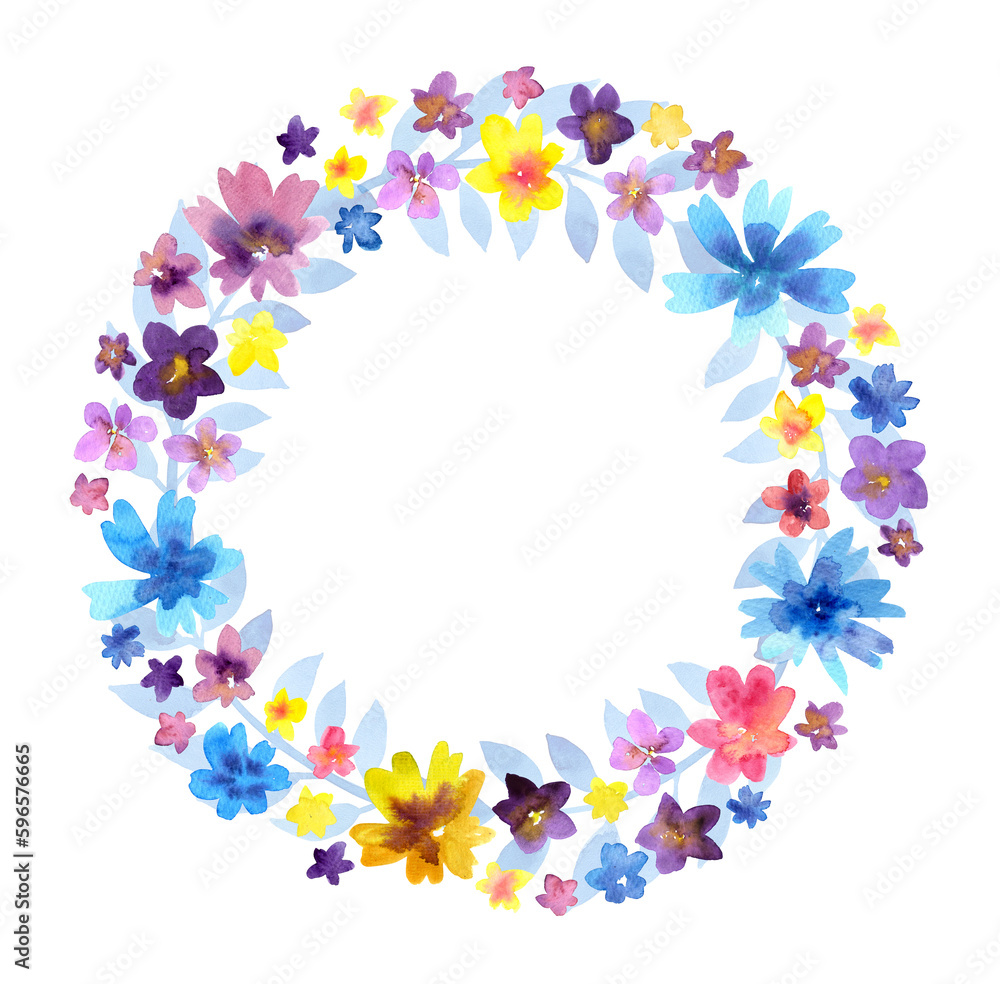 Watercolour painted floral round wreath with pink, yellow, blue flowers and blue leaves . Aquarelle art. Round border. Floral frame. Hand drawn illustration isolated. Template wedding invitation card.