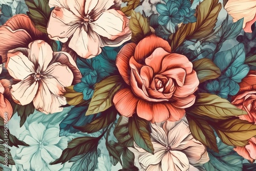 Retro style watercolor floral panel illustration. Generative AI