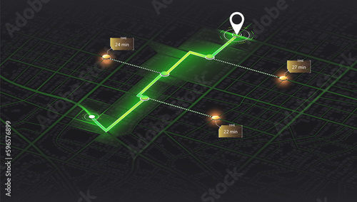 Pin location signs and infographics. Location tracks dashboard. City street road. City streets and blocks, route distance data, path turns and destination tag or mark. Huge city top view.