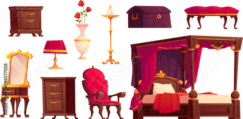 Victorian bedroom interior with vintage royal red furniture. Classic princess bed, retro mirror and armchair for baroque castle room. Isolated medieval english home indoor design on white background