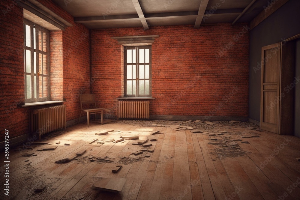 Abandoned room with worn red bricks and wooden floor. Rendered in 3D. Generative AI