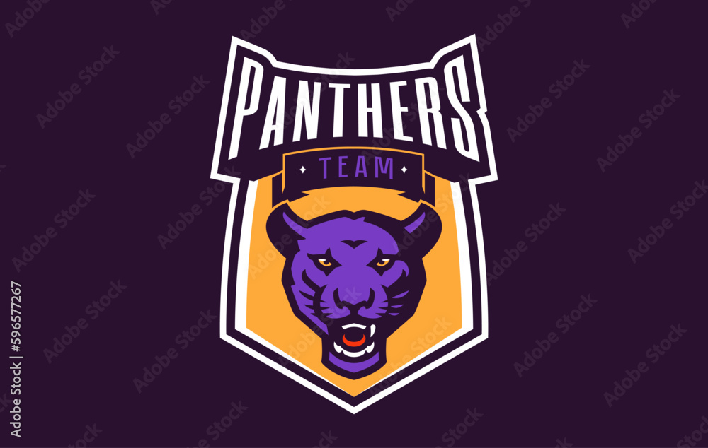 Sports logo with panther mascot. Colorful sport emblem with panther, puma mascot and bold font on shield background. Logo for esport team, athletic club, college team. Isolated vector illustration
