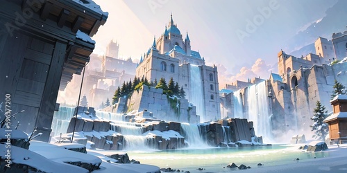 anime style background, landscape, architecture, cityscape, palace, arches, bridge, waterfall, snow, winter, generative ai, generative, ai © Rachel Yee Laam Lai