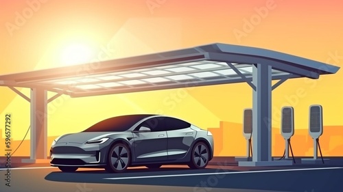 A solar-powered charging station in the carport is used to recharge electric vehicles.The Generative AI