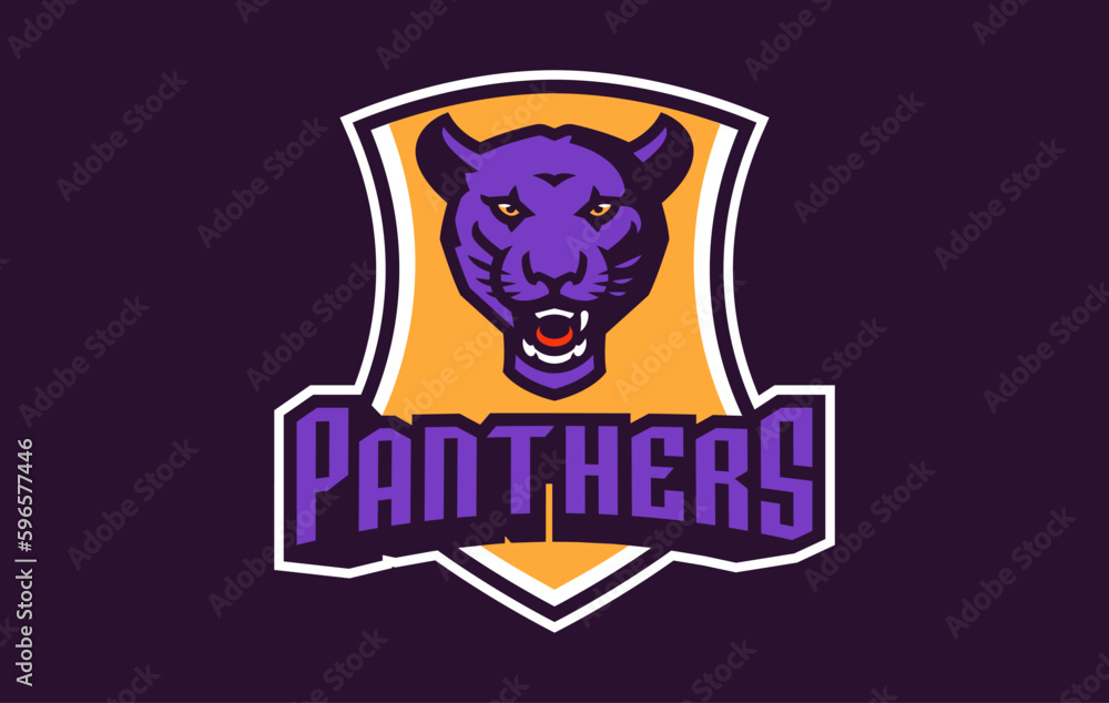 Sports logo with panther mascot. Colorful sport emblem with panther, puma mascot and bold font on shield background. Logo for esport team, athletic club, college team. Isolated vector illustration