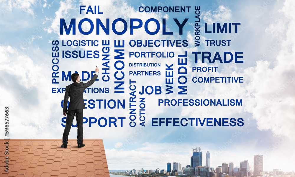 Young businessman standing on house roof and writing leadership skill concept. Mixed media