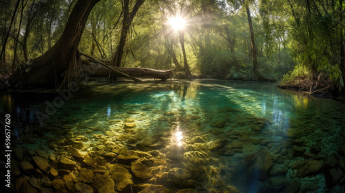 A crystal-clear stream meandering through a lush forest  with sunbeams filtering through the trees and casting dappled shadows on the sparkling water. Generative AI