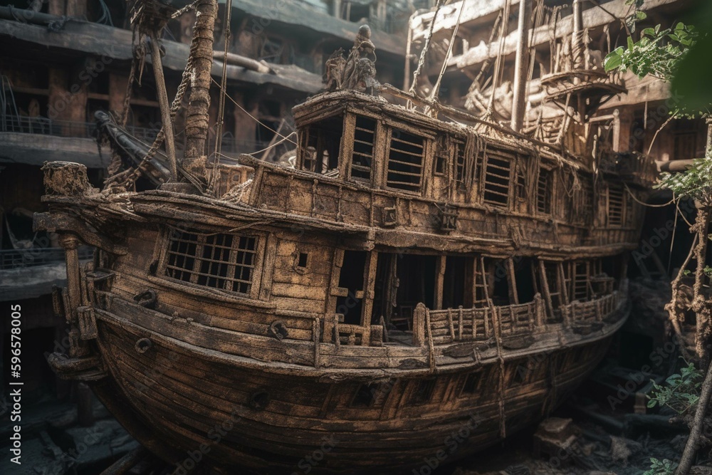 An abandoned pirate ship deteriorating with faded paint and forgotten with time. Generative AI