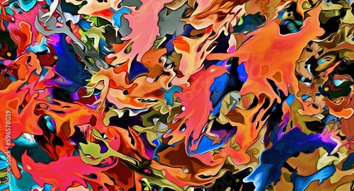 Abstract psychedelic fractal background of stylized watercolor illustration, colored chaotically blurred spots and paint strokes of different sizes and shapes