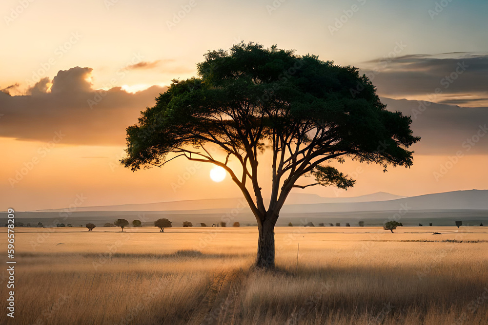 sunset in the serengeti - obrazy, fototapety, plakaty 