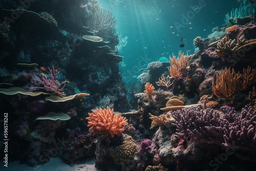 A vibrant coral reef teems with corals and sponges. Generative AI