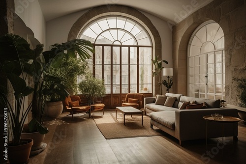 Comfortable contemporary Spanish living space with arch walls and big windows. Generative AI