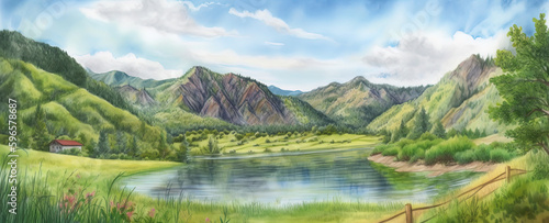 Lake in mountain landscape  outdoors   blue sky  nature  trekking  vacation  summer. Generative AI 