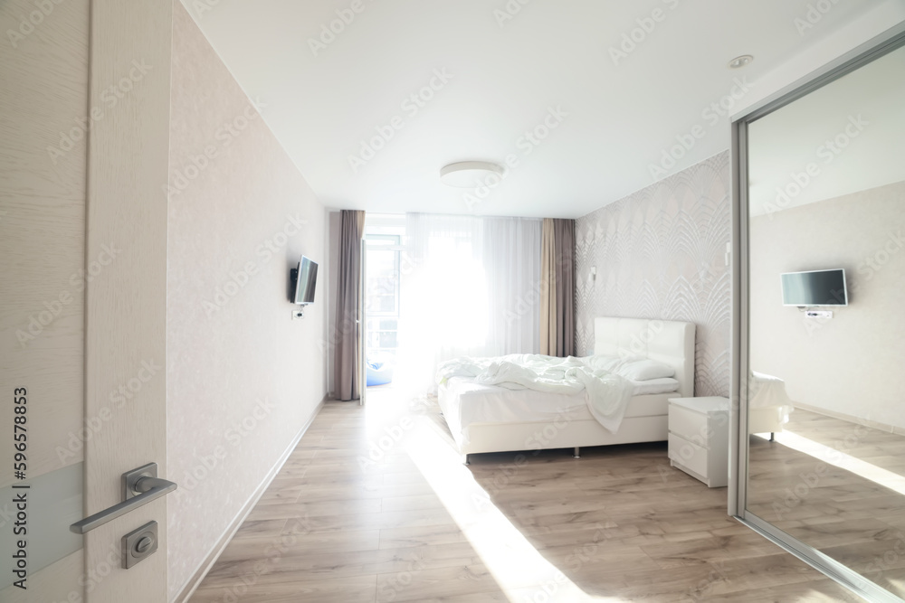 bright bedroom interior hotel, white background home bright bedroom interior hotel, white background home