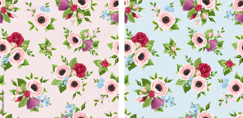 Fototapeta premium Seamless floral patterns with red, pink, purple, and blue anemones, roses, and forget-me-not flowers on pink and blue backgrounds. Set of vector floral prints