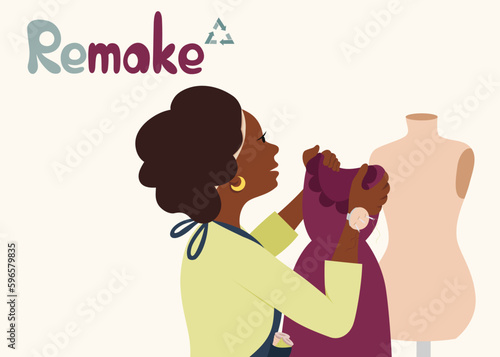 Remake poster. Woman creates new clothes from the old dress. African American designer. Second hand and flea market. Reuse and recycle. Sustainability and eco concept.  Vector flat illustration 