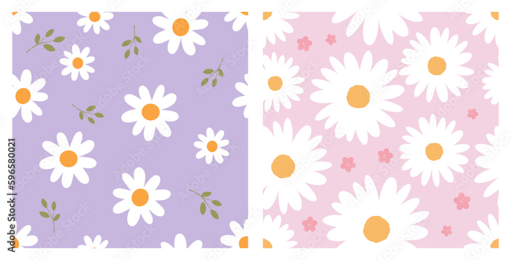 Seamless pattern with daisy flower on purple and pink backgrounds vector.