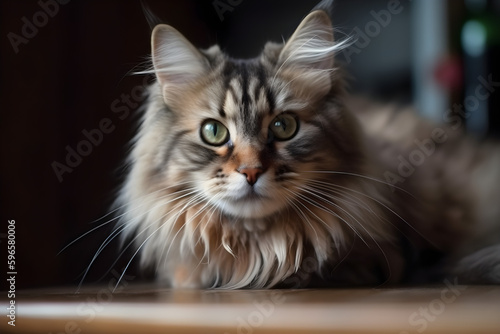 A cute young fluffy cat looks curiously from the table. Generative AI.  © Cheng