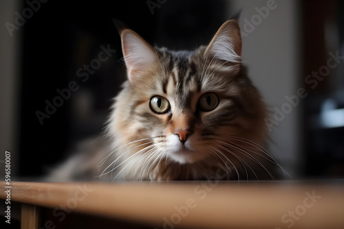 A cute young fluffy cat looks curiously from the table. Generative AI. 