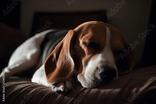 Beagle tired sleeping on couch yawning Generative AI. 