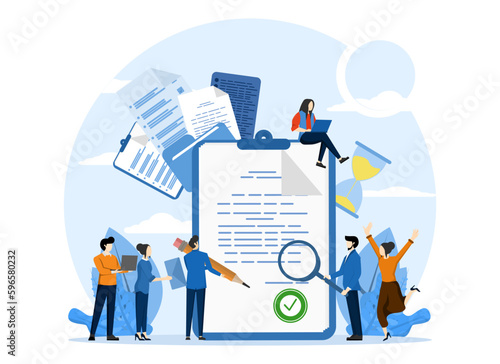 business team with approved documents. Project completed, work done or done, test, option approved, document checked, Vector illustration concept for web page, banner, social media