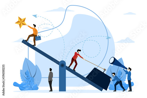 business team on swing and exceed them , teamwork to get stars from sky, achieve success, flat vector illustration on white background.
