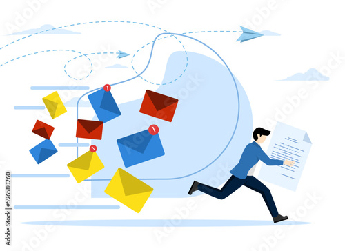 Vector illustration of a scared businessman running away from a multitude of emails chasing him. Modern character design. entrepreneurs run away from a lot of emails