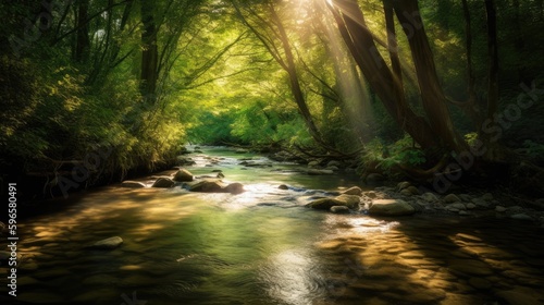 A crystal-clear stream meandering through a lush forest  with sunbeams filtering through the trees and casting dappled shadows on the sparkling water. Generative AI