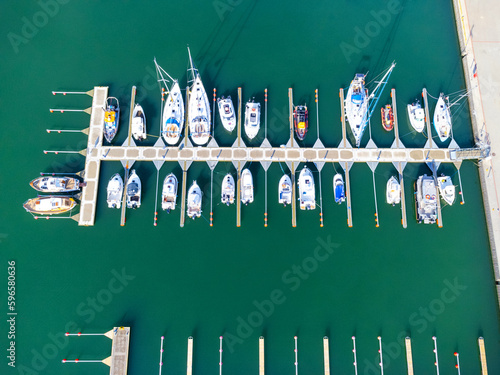 Obraz na płótnie Aerial view landscape Poland Gdynia. View of parked boats and motorboats. Marina, marina, ships. w salonie