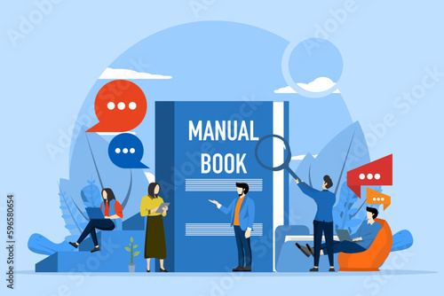 User guide concept. people with instruction guides or textbooks. Read guide and write user guide. Instruction manual, handbook help guide. Flat vector illustration. photo