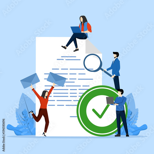 Concept of getting things done or doing work, Tiny people with completed projects, tests, approved options, document check, web page, banner, presentation, social media, card.