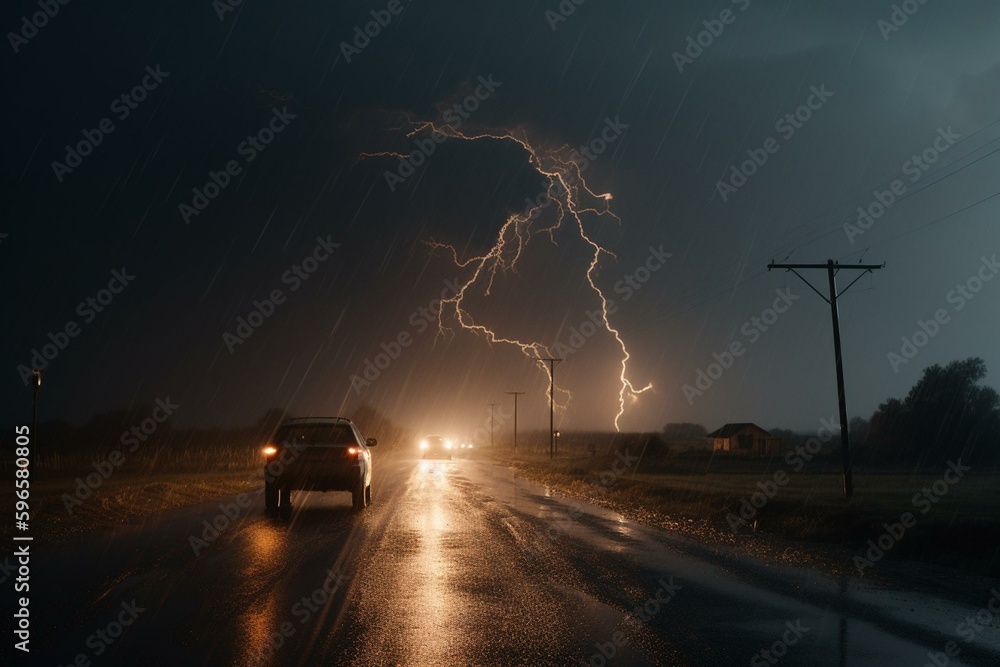 Tornado with debris on road, illuminated by lightning. Generative AI
