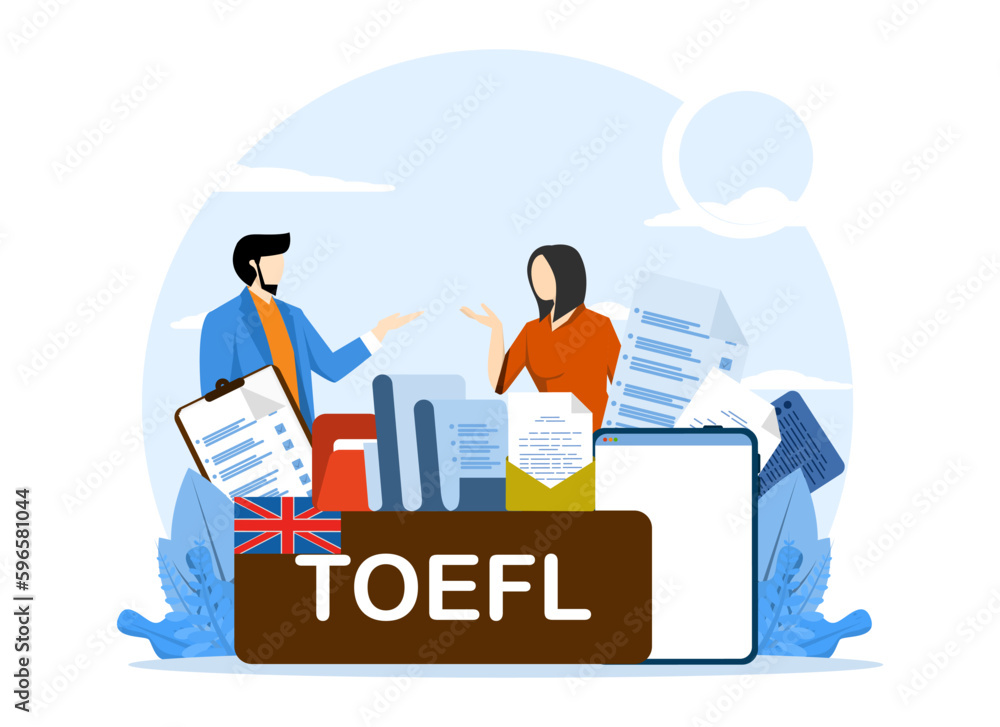 TOEFL english exam concept. Exam of English as a foreign language. Flat style vector illustration concept with people characters TOEFL english exam concept. Exam of English as a foreign language. Flat style vector illustration concept with people characters