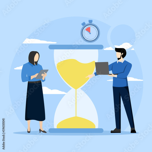 concept of time management, discipline, completing tasks, waiting for business, two people with hourglass standing patiently watching time pass. Flat design vector illustration on white background