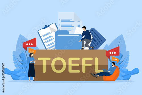 TOEFL word concept. Exam of English as a foreign language. Flat style vector illustration concept with tiny people character photo