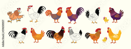 Set of chicken hen rooster icon character hand drawn vector illustration. Pet poultry farm animal symbol.