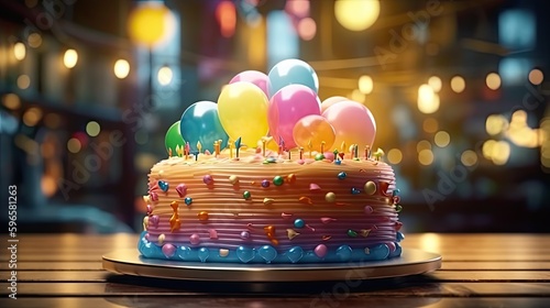 Happy birthday cake with colorful balloons on background. Homemade cake with candles. Generative AI photo