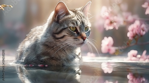 Cat in water with pink sakura branch on background. Cute dog in nature illustration. Generative AI