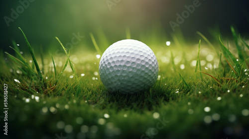 White golf ball on the green grass background. Outdoor sport game illustration. Generative AI