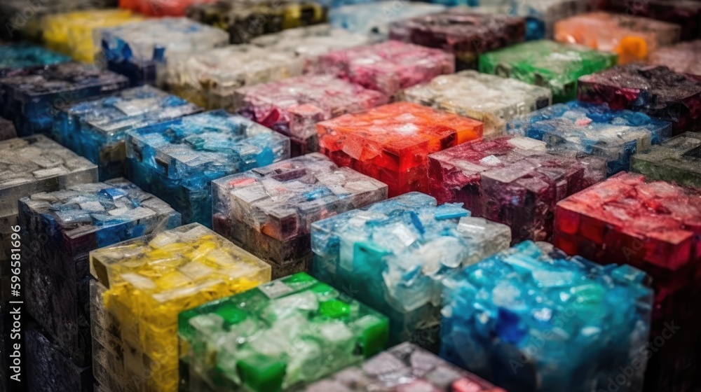 Vibrant Recycled Colorful Plastic Pressed in Cubes, Eco-Friendly Waste Management, Innovative Material Transformation, Generative AI Illustration