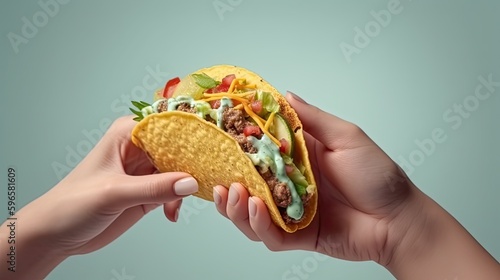 Woman hands holding Tacos with meat and vegetable. Mexican tortilla food on Cinco de Mayo holiday. Generative AI