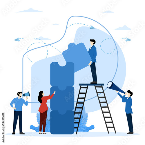 Teamwork symbol, cooperation, partnership vector jigsaw puzzle is a great element of teamwork and idea search. people puzzle connecting elements. Vector illustration flat design style.