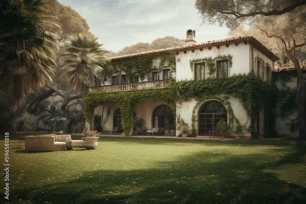 Elegant Spanish-style hacienda with lawn. Generative AI