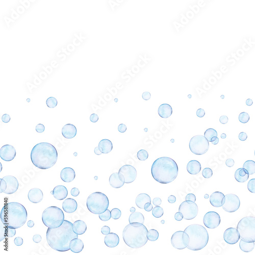Watercolor drawn seamless border from different size air bubbles on white background. Transparent realistic picture for illustration, stickers, logo, textile printing