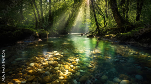 A crystal-clear stream meandering through a lush forest, with sunbeams filtering through the trees and casting dappled shadows on the sparkling water. Generative AI