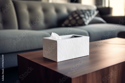 White tissue box with wooden pattern on table beside sofa. Generative AI