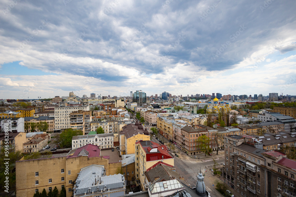 Kyiv, Ukraine - April 24, 2023: The streets of Kyiv city and the St Volodymyr's Cathedral.