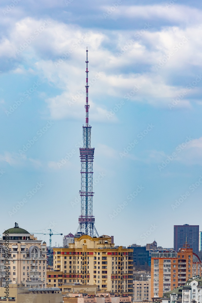 Kyiv, Ukraine - April 24, 2023: The streets of Kyiv city and Kyiv TV Tower. Kyiv, Ukraine - April 24, 2023: The streets of Kyiv city and Kyiv TV Tower.